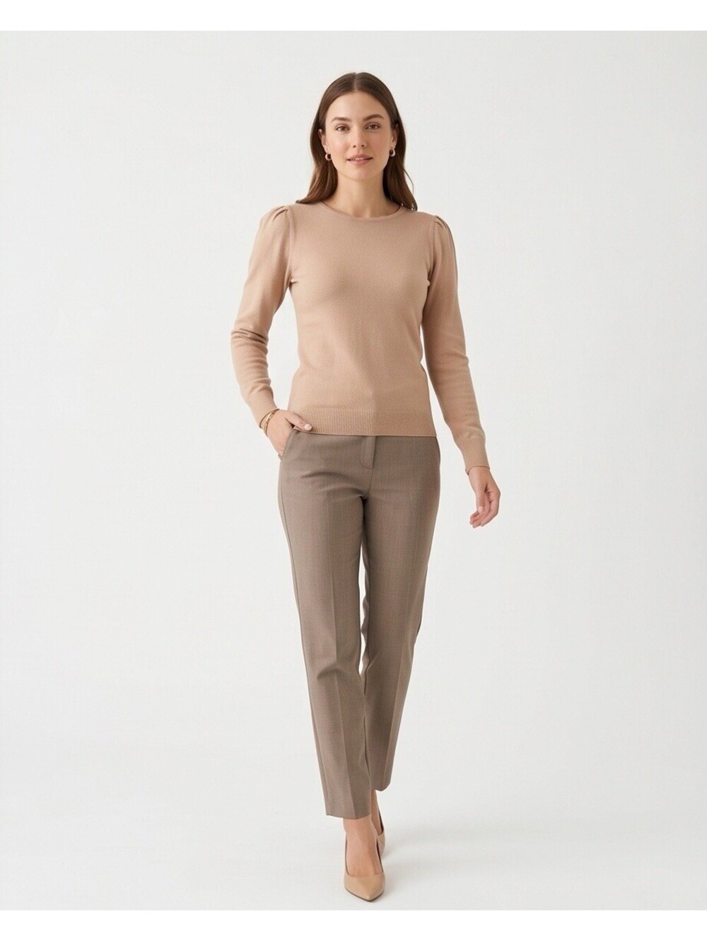Vince Camuto Sweater Women’s L Beige Knit Puff Sleeve Crew Neck Lightweight Top